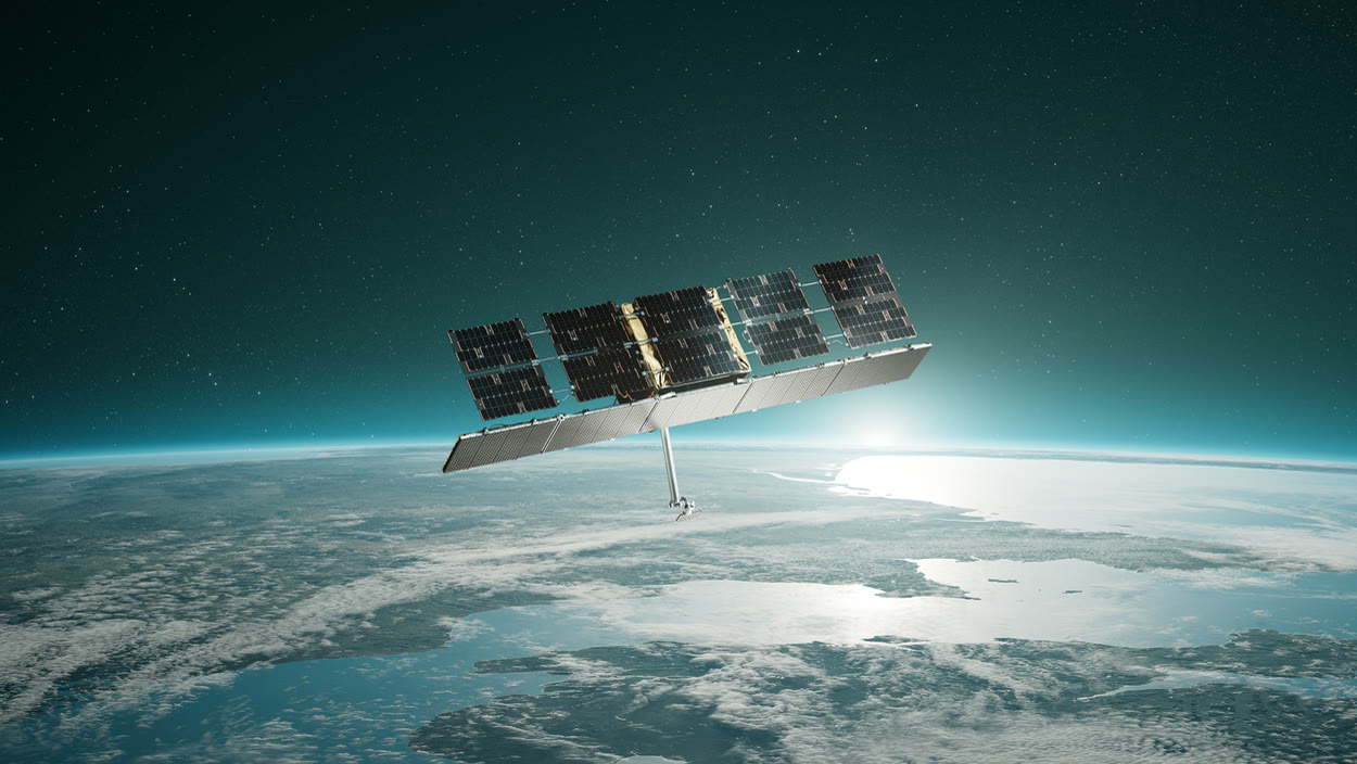 Rendering of an ICEYE radar imaging satellite above Earth
