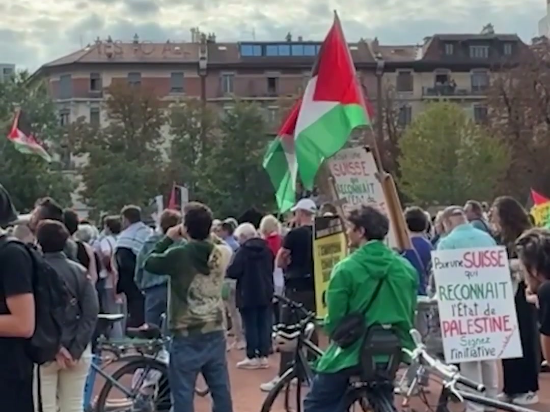 Protesters with flags and signs, one calling for Switzerland to recognize the State of Palestine (Oct. 3, 2026)