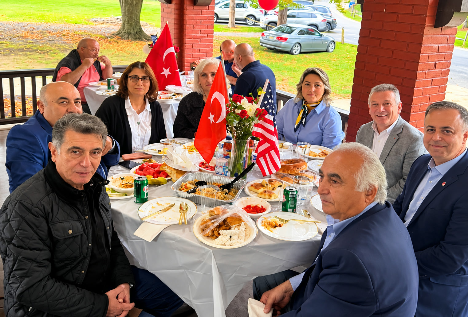 Festival tables decorated with Turkish and U.S. flags