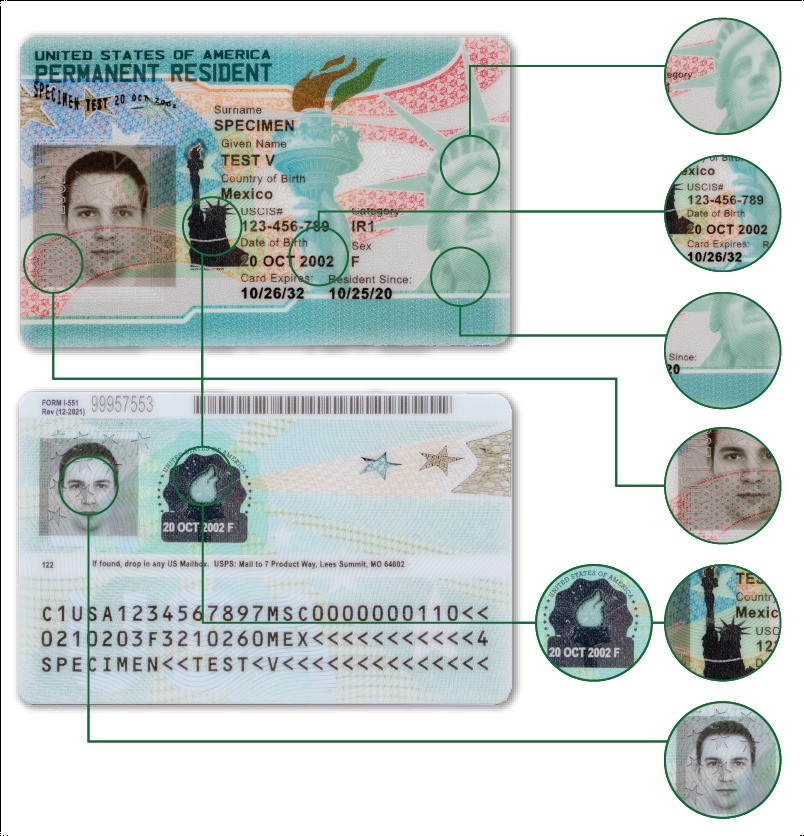 A sample US permanent resident card (Green Card)