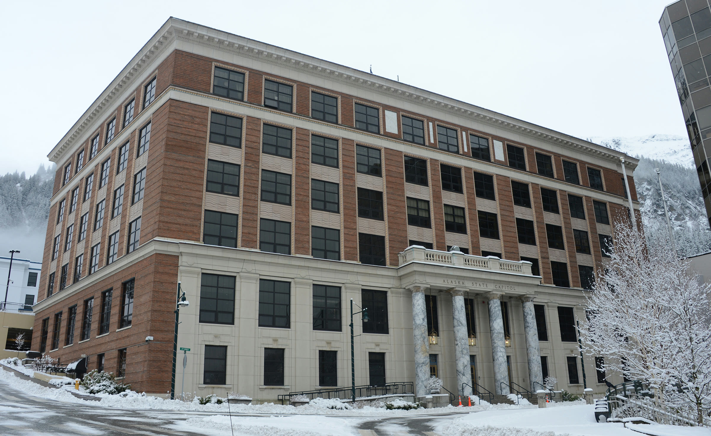The Alaska State Capitol in Juneau covered in snow