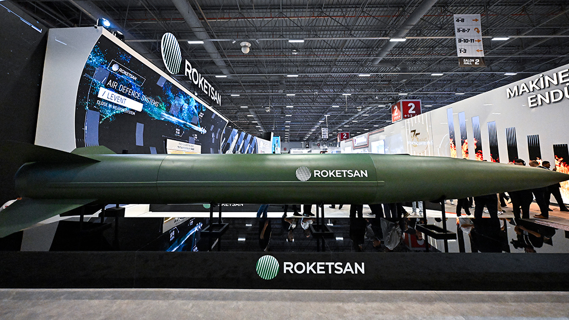 A missile displayed at ROKETSAN’s exhibition stand (file)