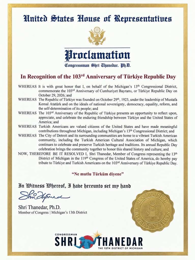 Rep. Thanedar's proclamation for the Republic's 103rd anniversary