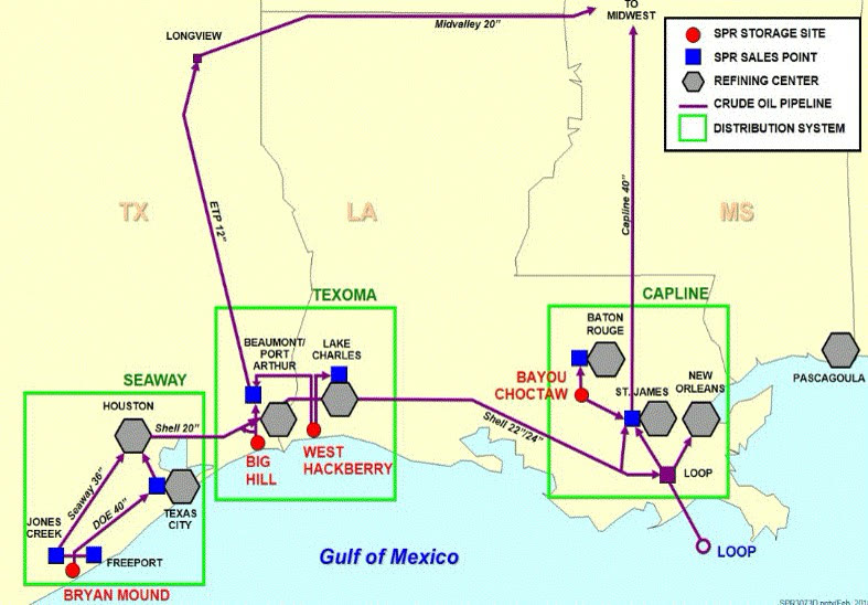 Map of U.S. Strategic Petroleum Reserve storage sites and pipeline links