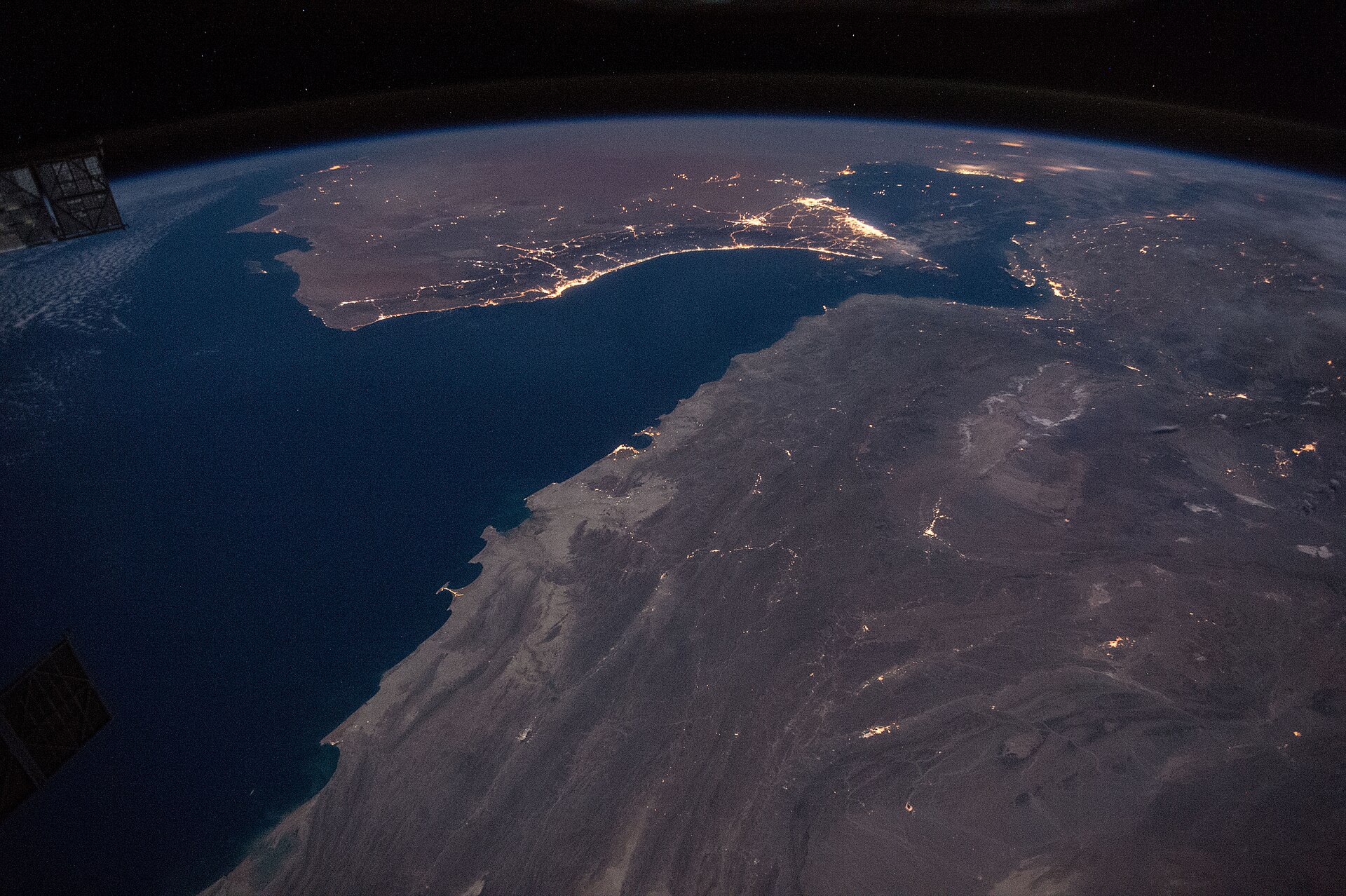 The Strait of Hormuz and Gulf of Oman at night from space