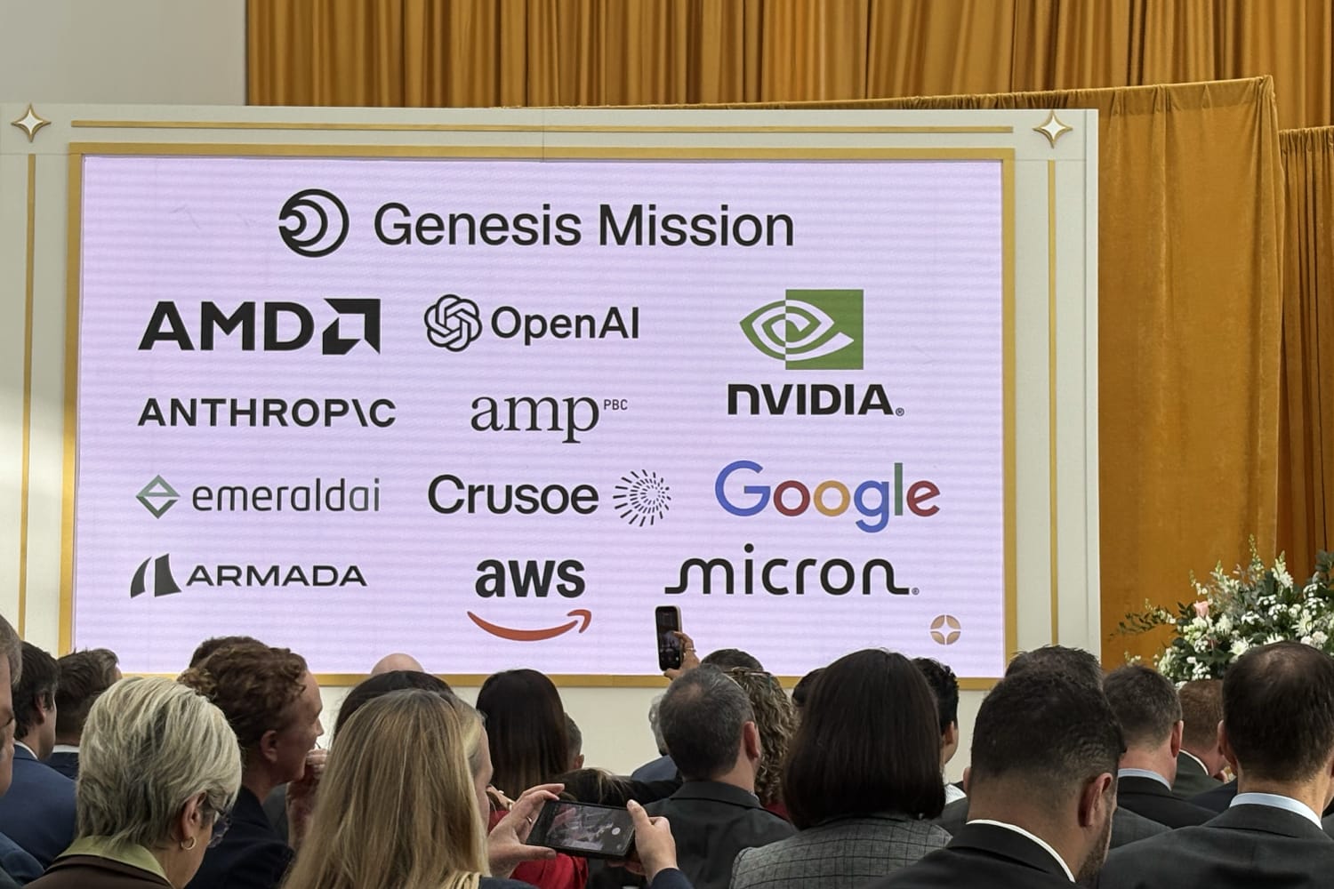 A screen showing Genesis Mission partners at the summit