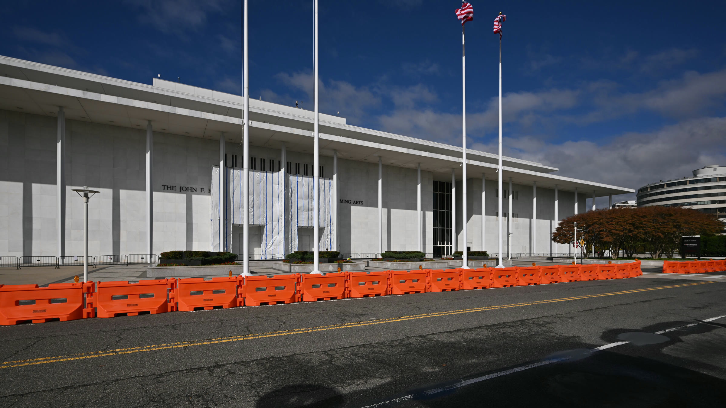 Barricades outside the Kennedy Center, closed for renovation, Oct. 12, 2026