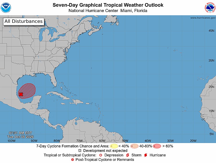 NHC seven-day tropical cyclone formation outlook, October 6, 2026