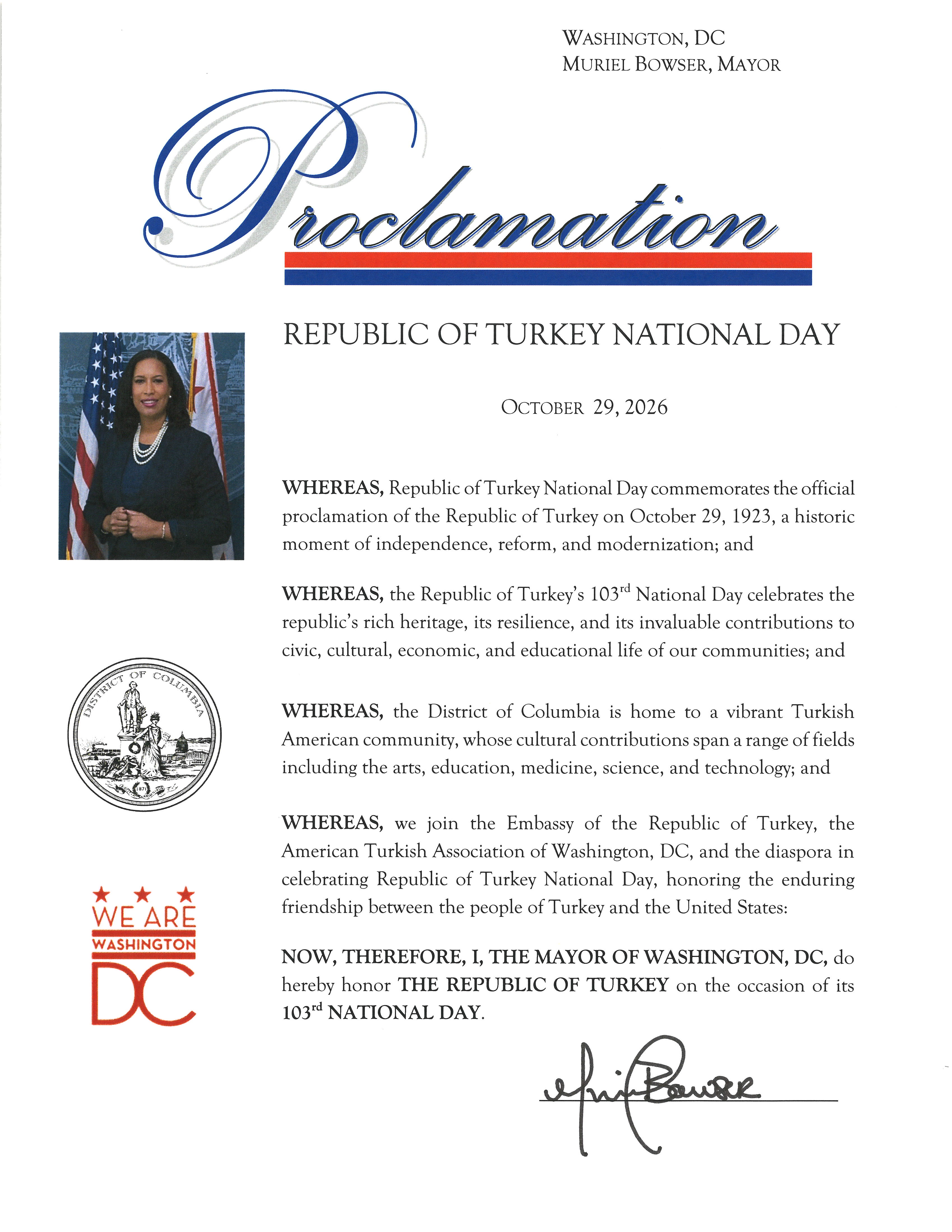 Washington Mayor Muriel Bowser's proclamation honoring the Republic's 103rd anniversary