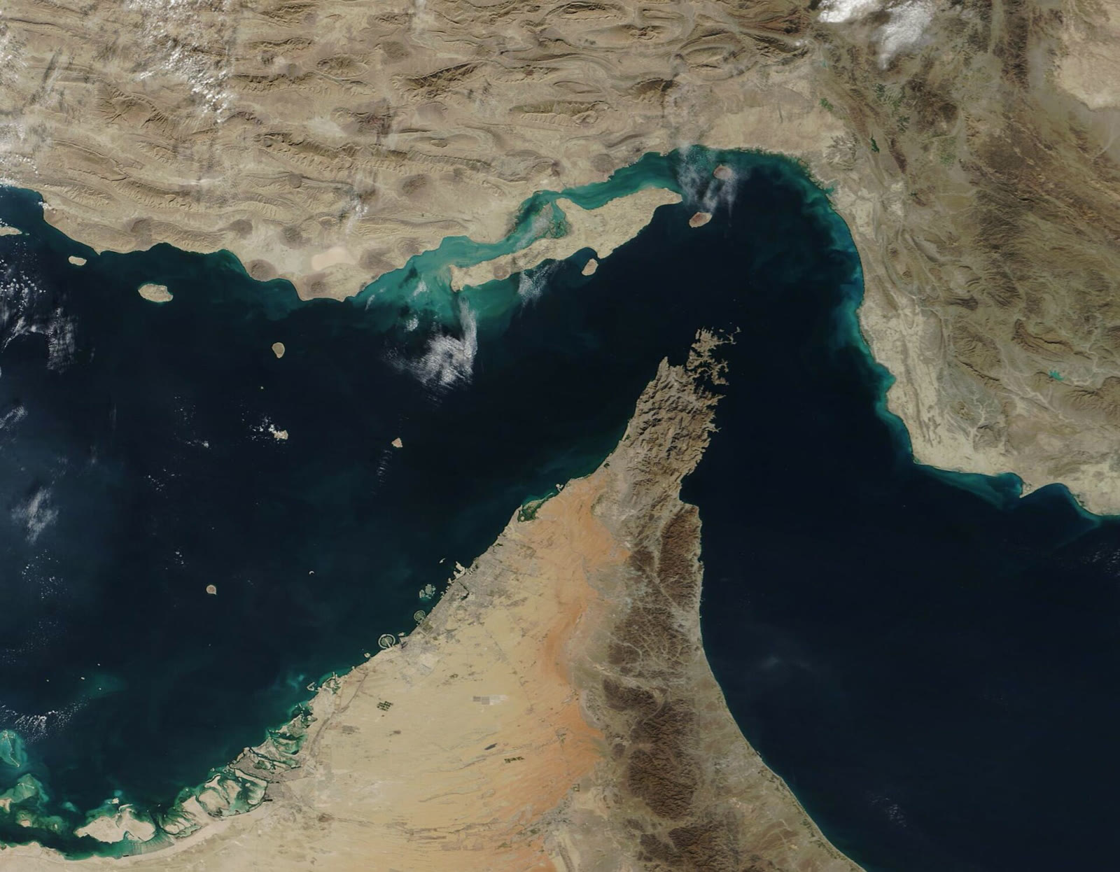 Satellite view of the Strait of Hormuz, which connects the Persian Gulf to the Gulf of Oman