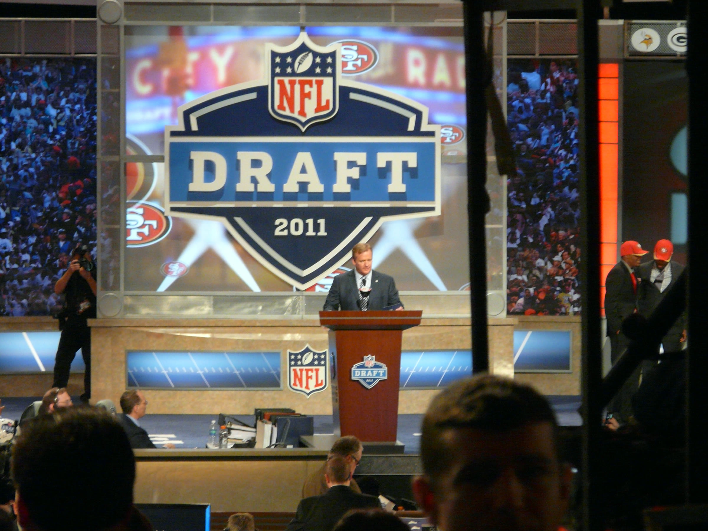 NFL Commissioner Roger Goodell speaks at a podium