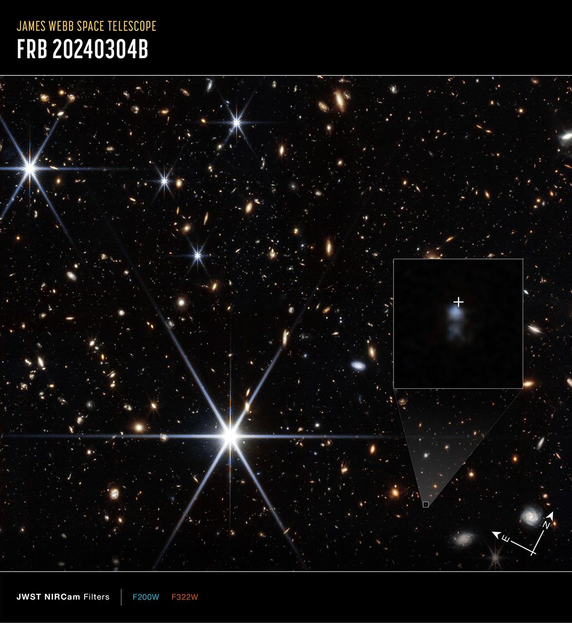 The host galaxy of FRB 20240304B in Webb’s NIRCam image (white cross)