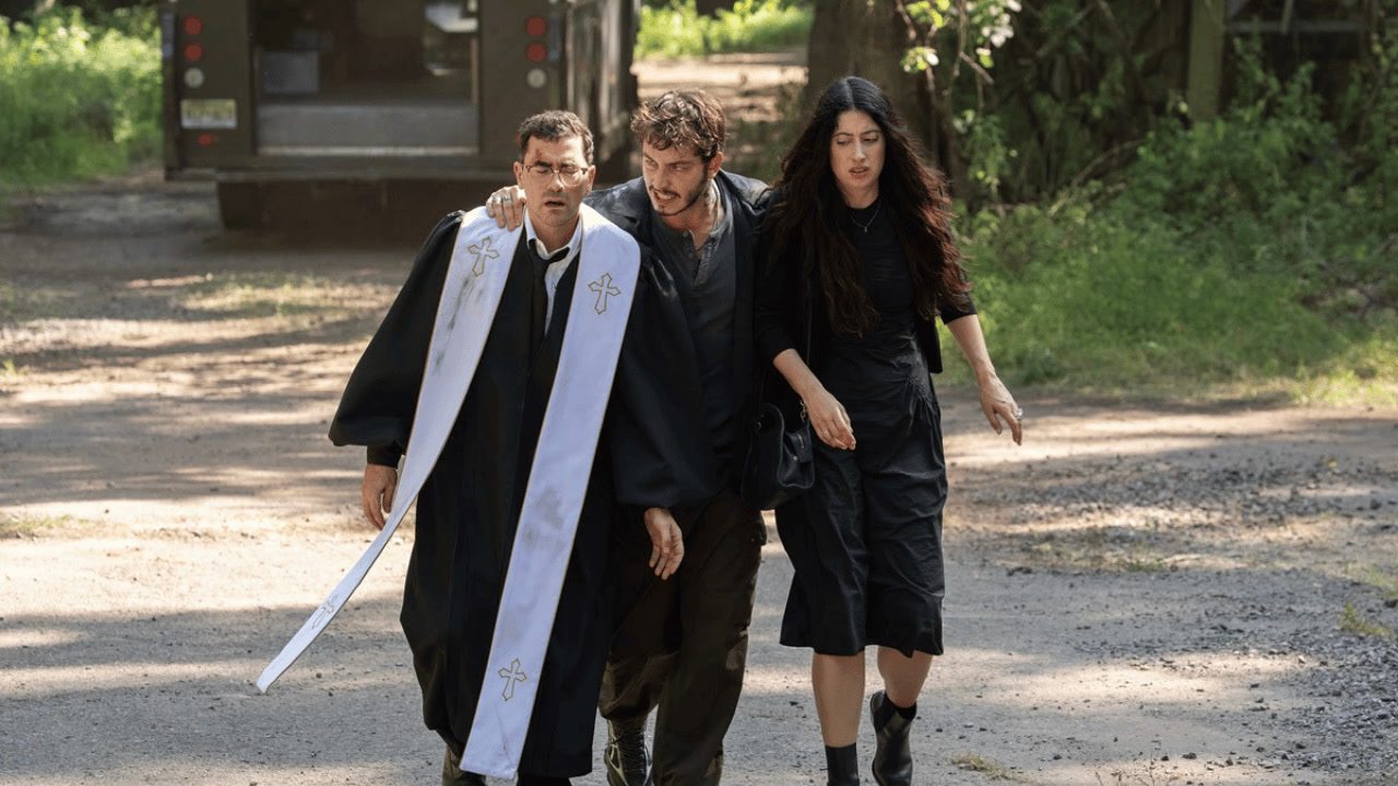 Dan Levy, Boran Kuzum and Taylor Ortega in a scene from Big Mistakes