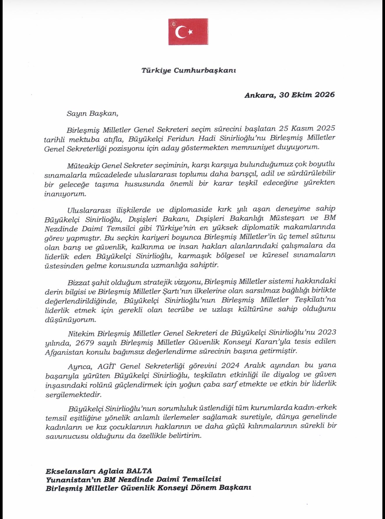 President Erdoğan's Oct. 30, 2026, letter nominating Sinirlioğlu for U.N. secretary-general