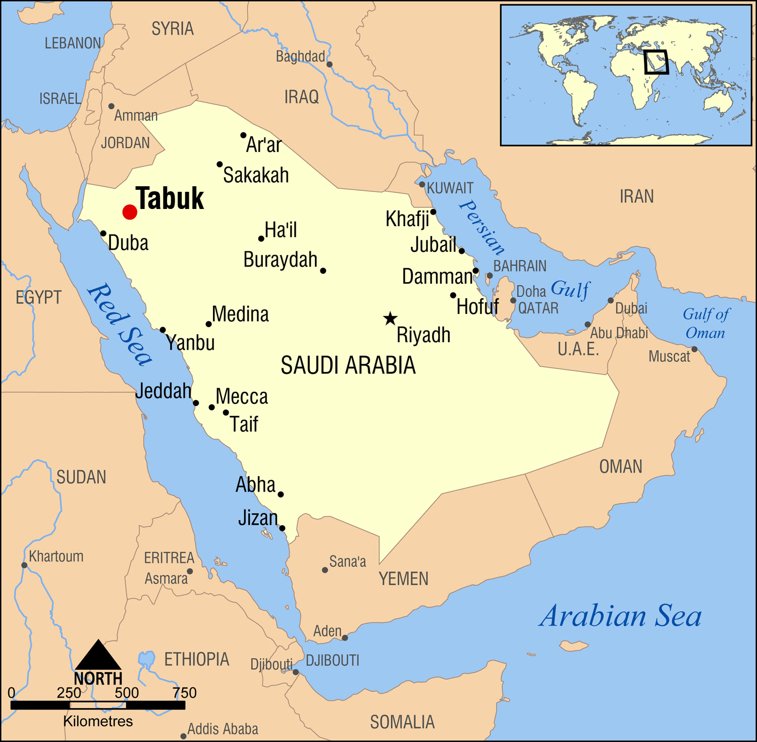 Location of Tabuk in Saudi Arabia