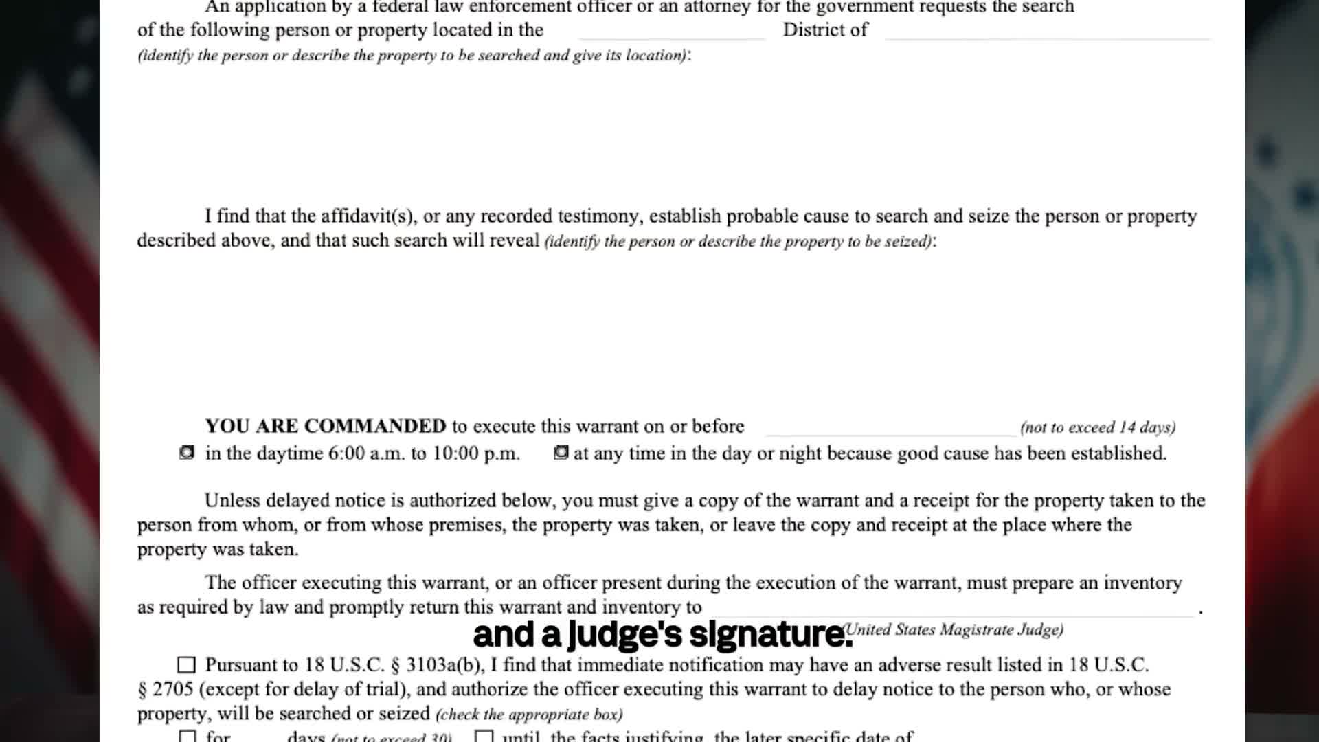 A sample judicial warrant showing the court name and a judge's signature