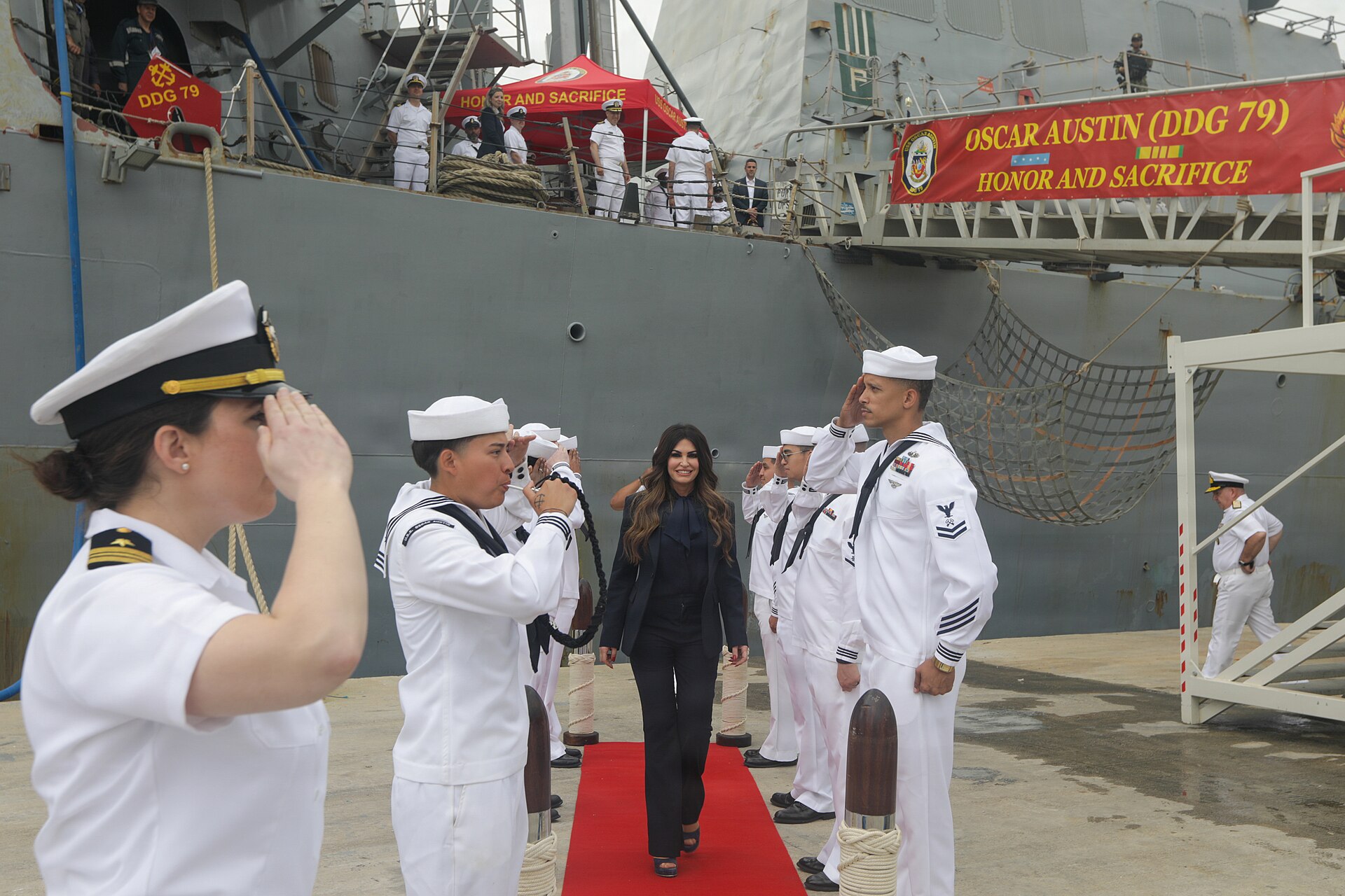 US Ambassador to Athens Kimberly Guilfoyle during a visit to the USS Oscar Austin (May 2026)