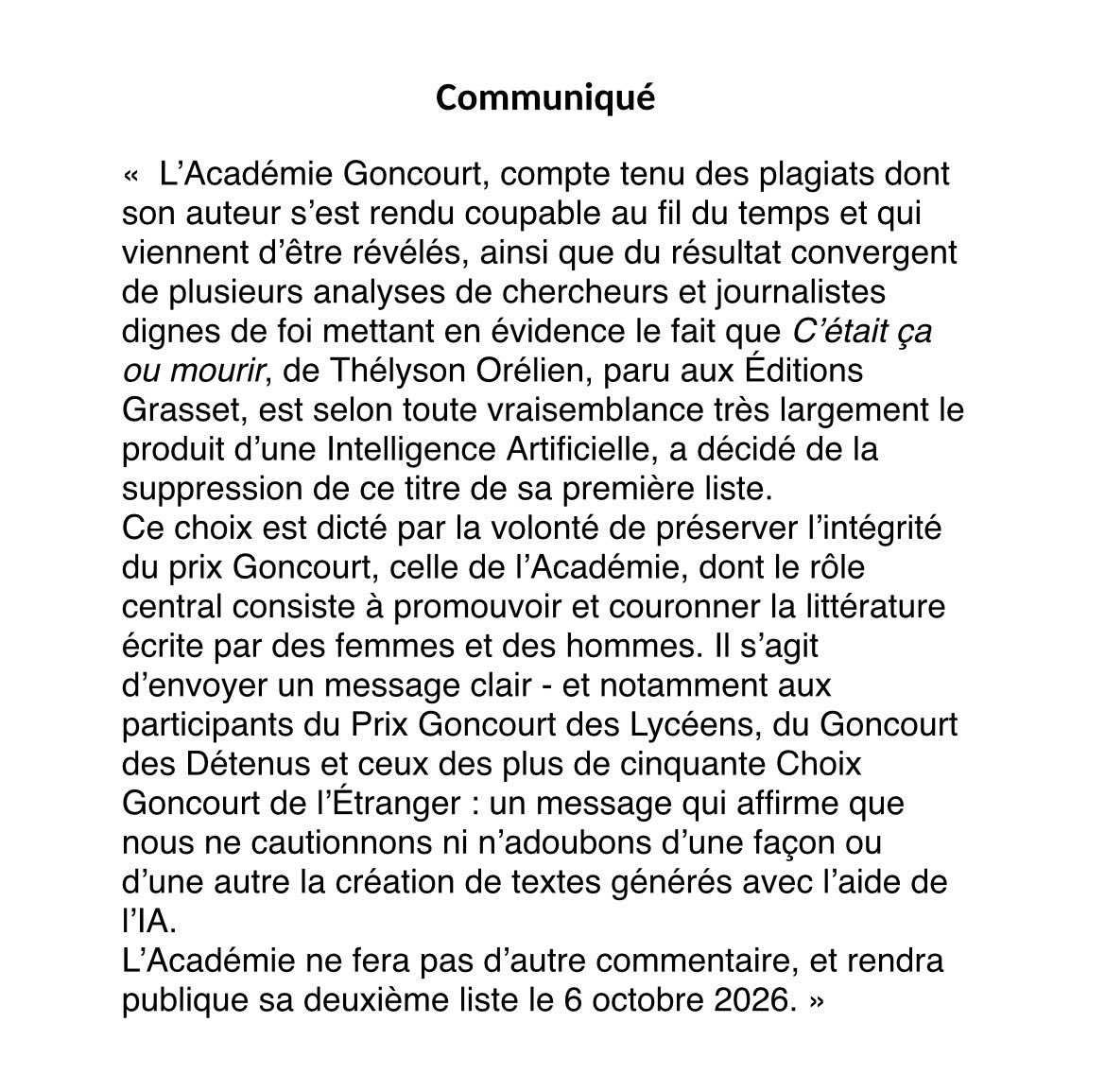 The Académie Goncourt’s statement on removing the novel from its selection