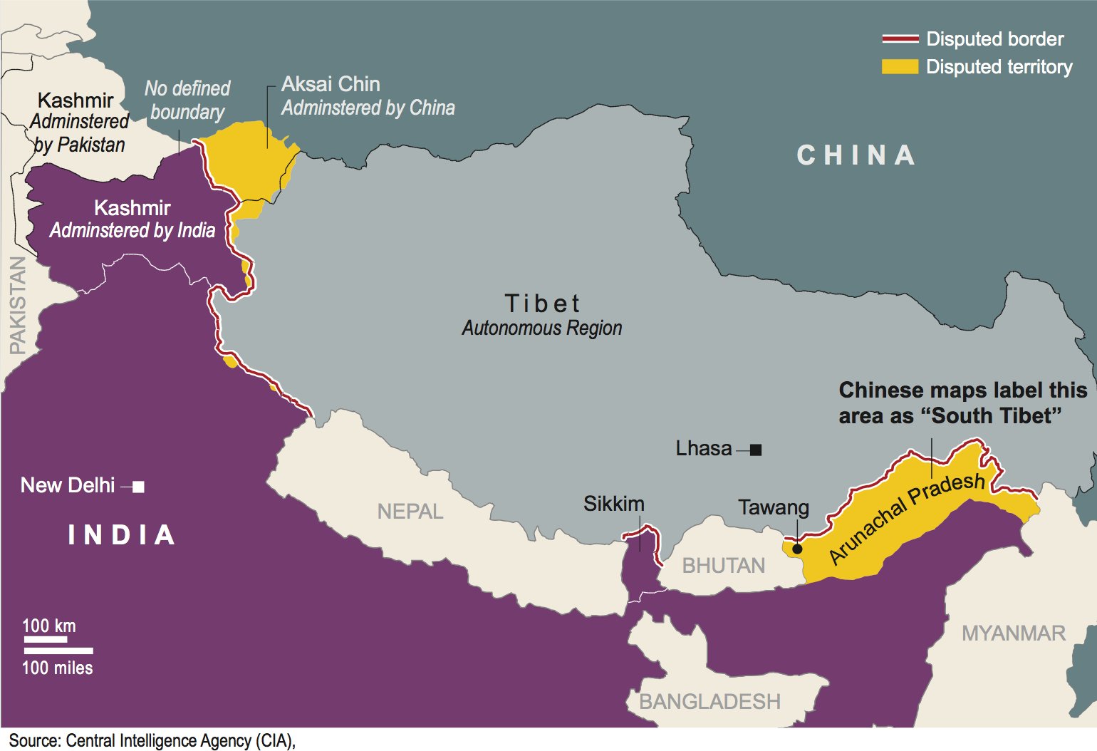 Map of the disputed border areas between India and China