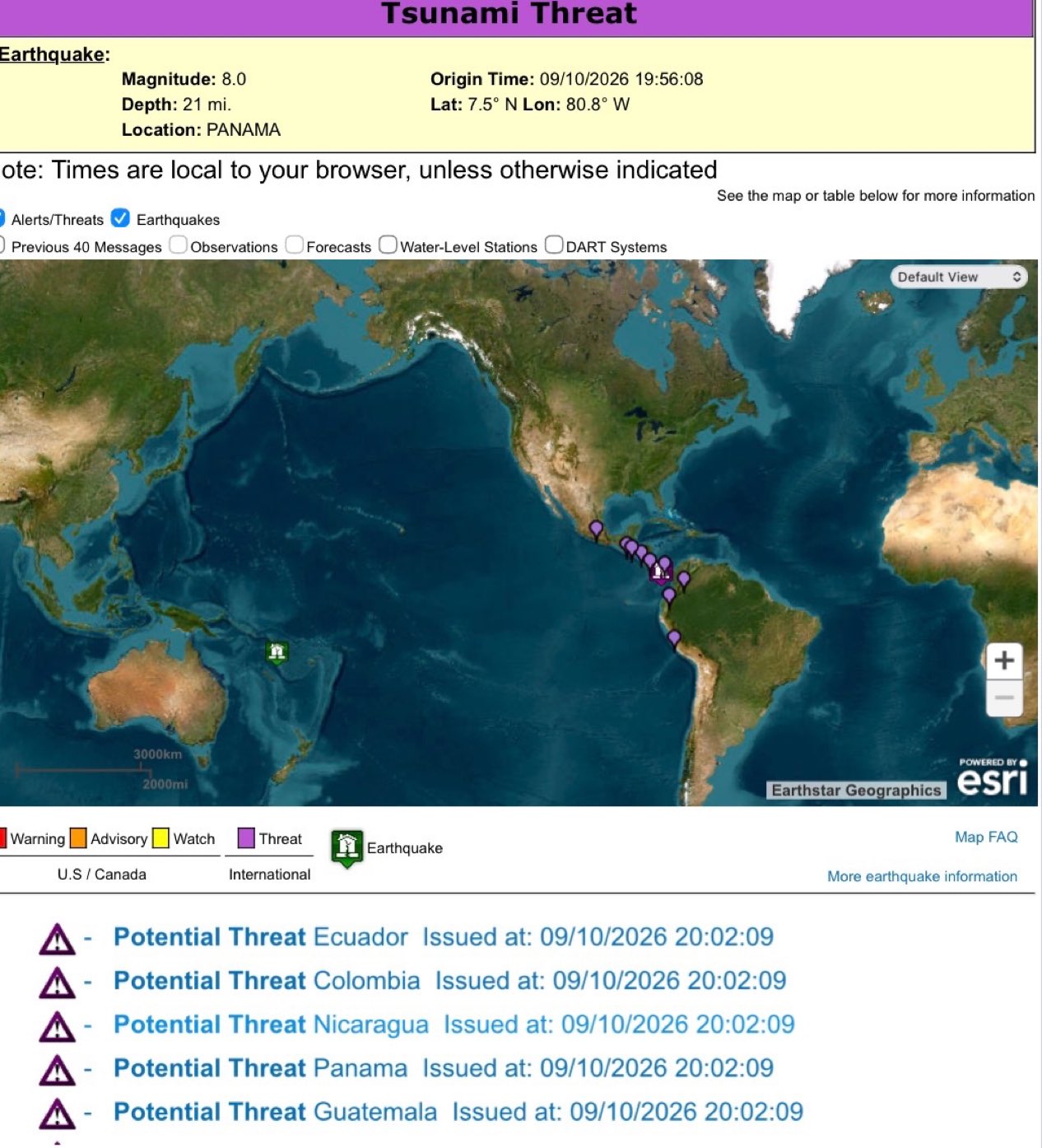 The U.S. Tsunami Warning System’s threat notice for countries in the region