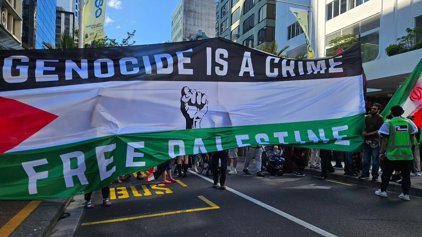 A “Genocide is a crime – Free Palestine” banner at the Auckland march (Oct. 10)