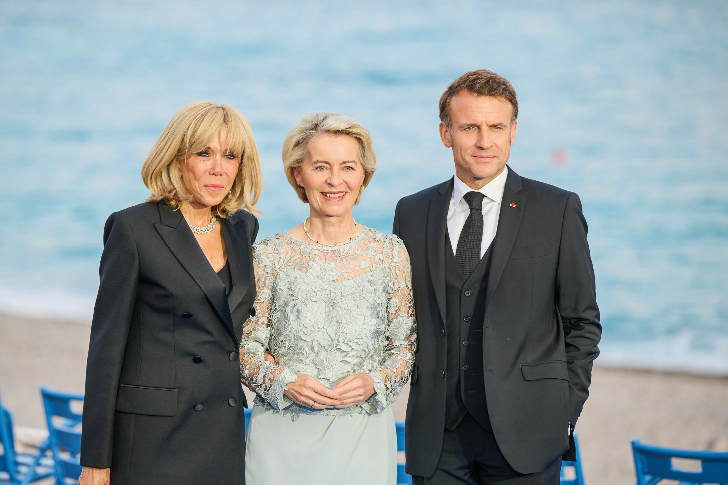 French President Emmanuel Macron and Brigitte Macron with Ursula von der Leyen in Nice (June 2025)