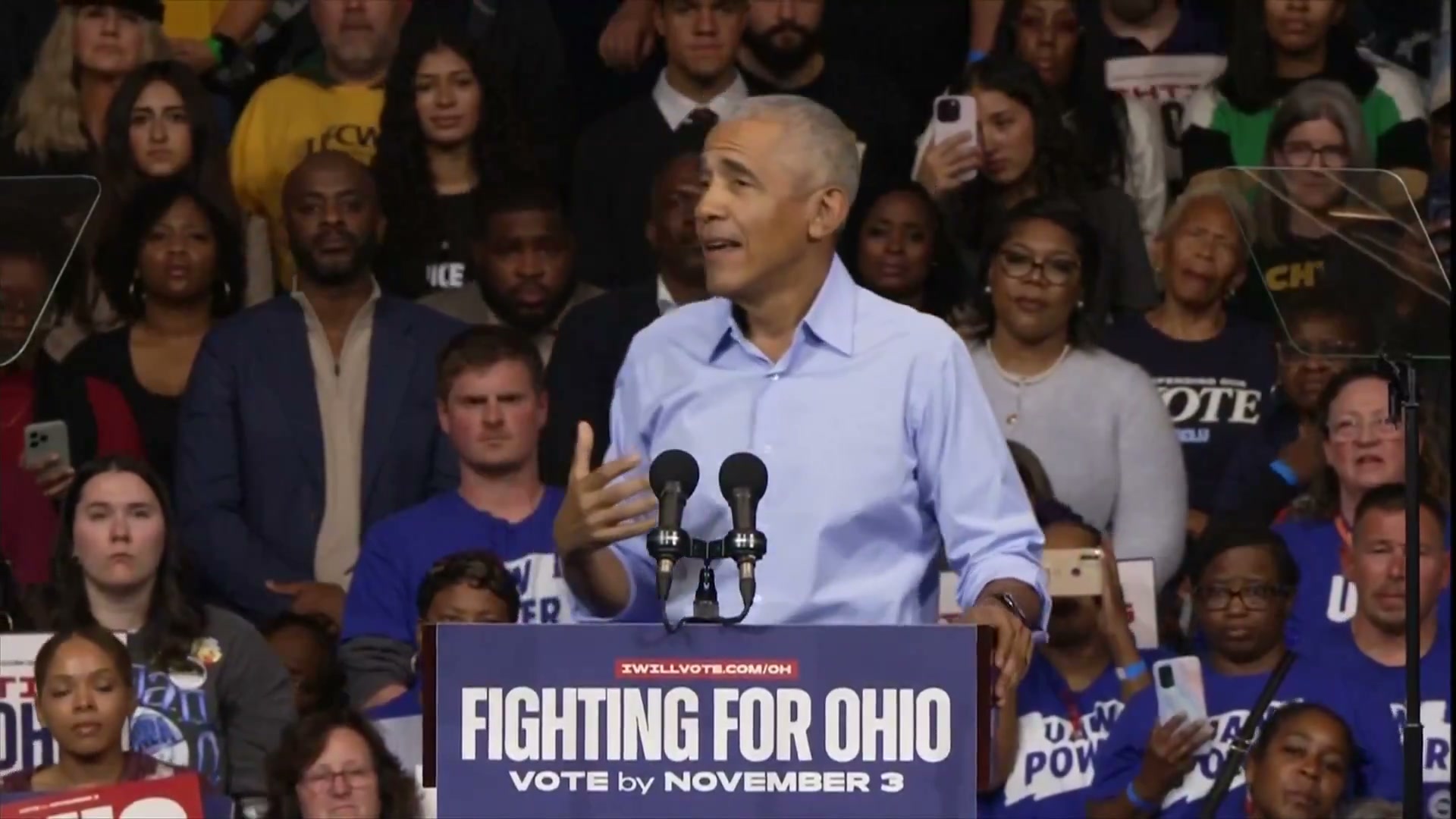 Former President Barack Obama speaks at a rally in Cleveland