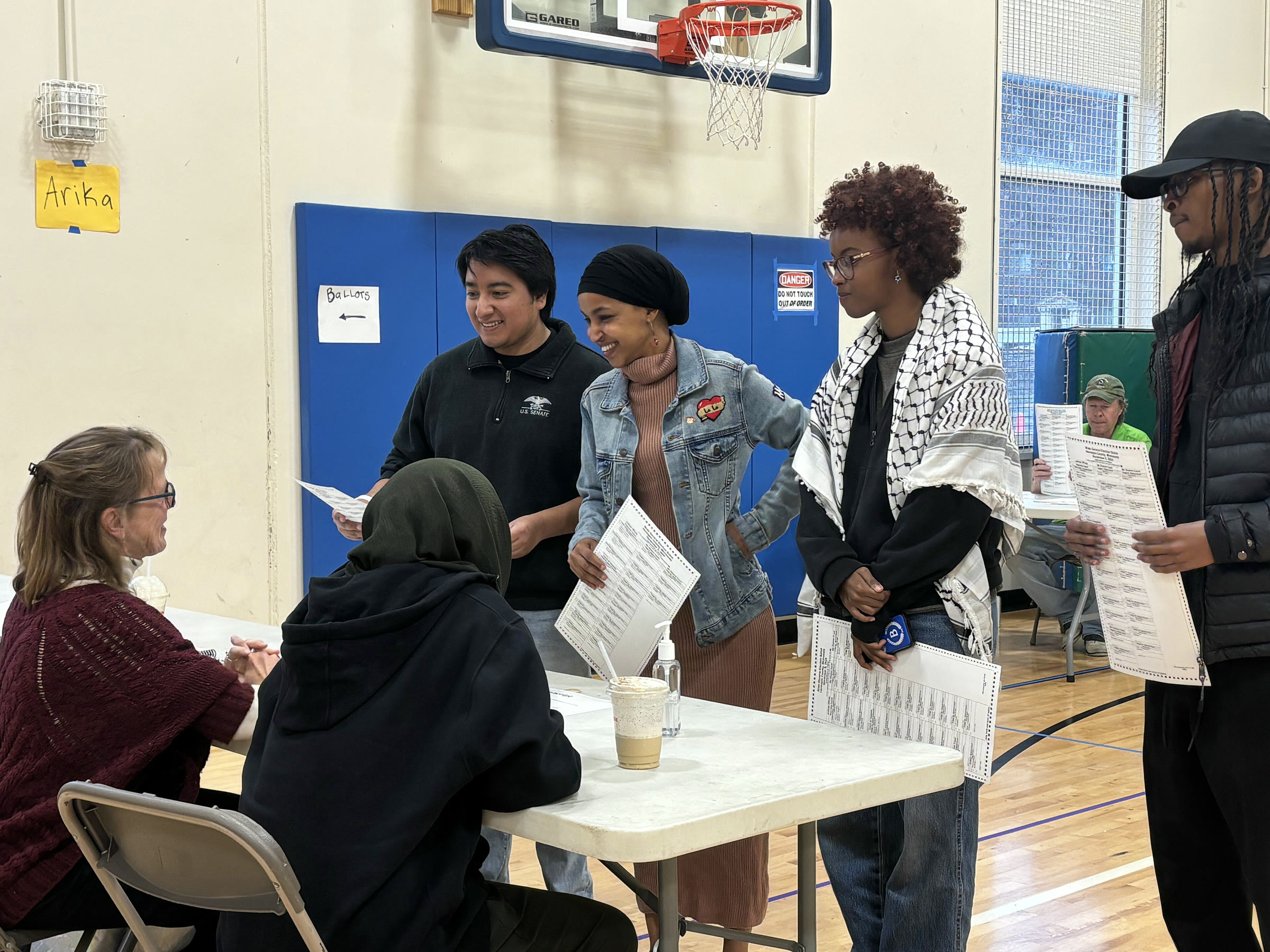 Ilhan Omar at a polling place in Minneapolis (file)