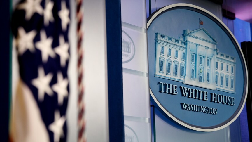 The White House seal in the briefing room